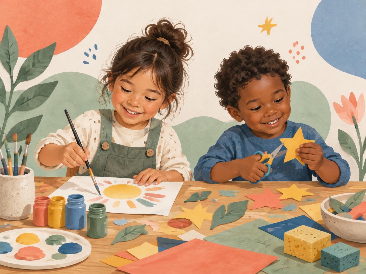 Two children painting and making colorful paper crafts together